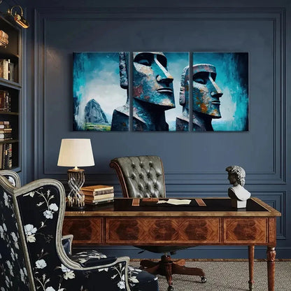 3pcs Abstract Moai Statues Art Blue Tones Textured Metal Print Ready to Hang Art