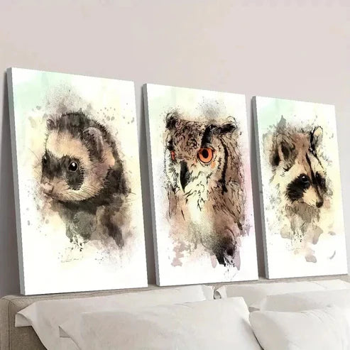 3pcs Watercolor Ferret Raccoon Owl Portrait Wall Art Canvas Unframed – High Quality Print 100% Australian Made Wall Canvas