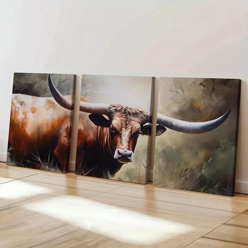 3pcs Texas Longhorn Cattle Decor Wall Art Set Canvas Framed 40x60cm - High Quality Print 100% Australian Made Wall Canvas Ready to Hang
