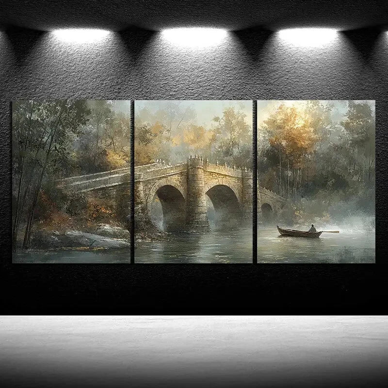 3pcs The Boat Man Under The Stone Arch Bridge Metal Print Ready to Hang Art