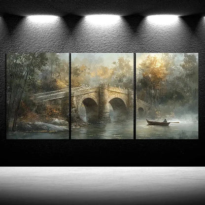 3pcs The Boat Man Under The Stone Arch Bridge Metal Print Ready to Hang Art