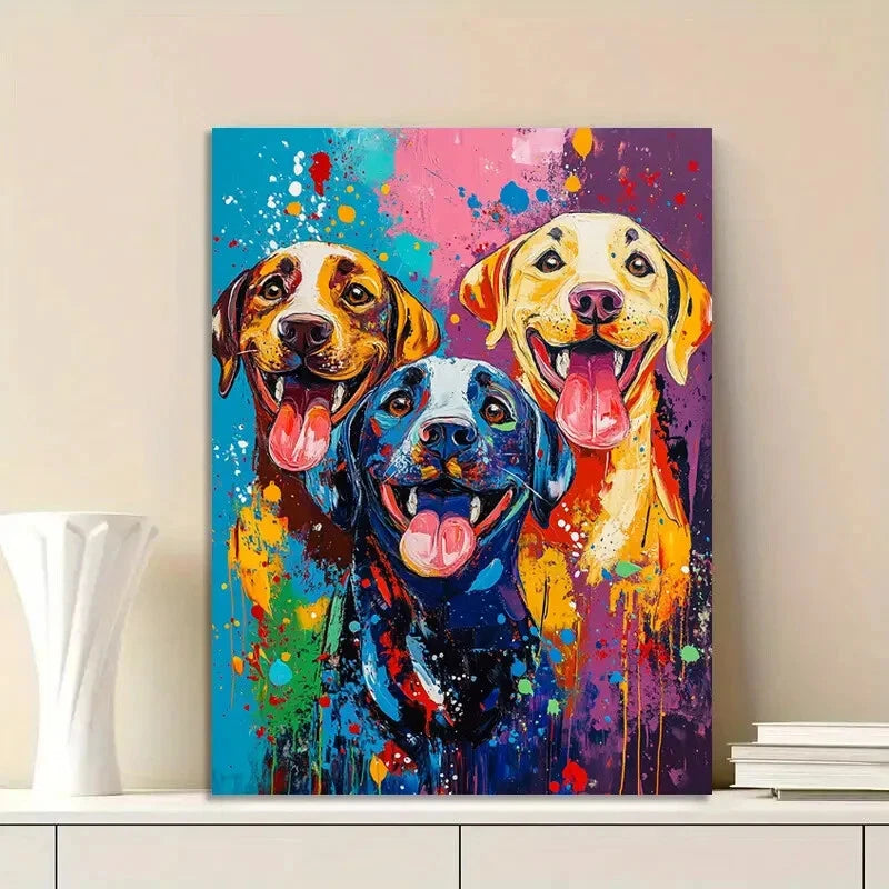 Three Happy Dogs, An Abstract Painting Vivid 40x60cm Metal Print Ready to Hang