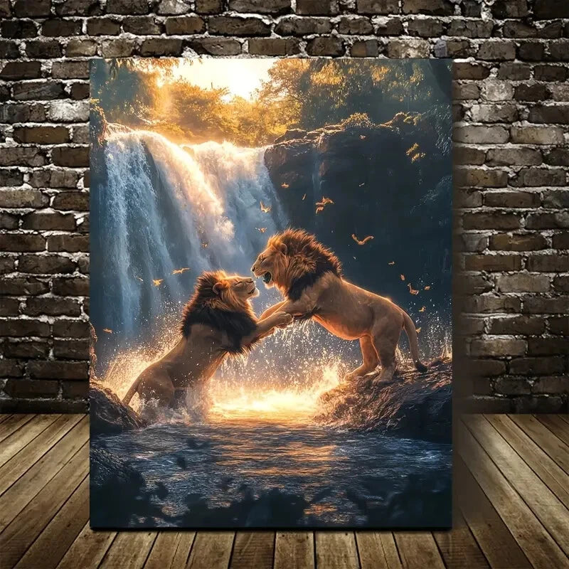 Beautiful Dreamlike Lion Playful Scene Near Painting 40x60cm Metal Print Ready to Hang
