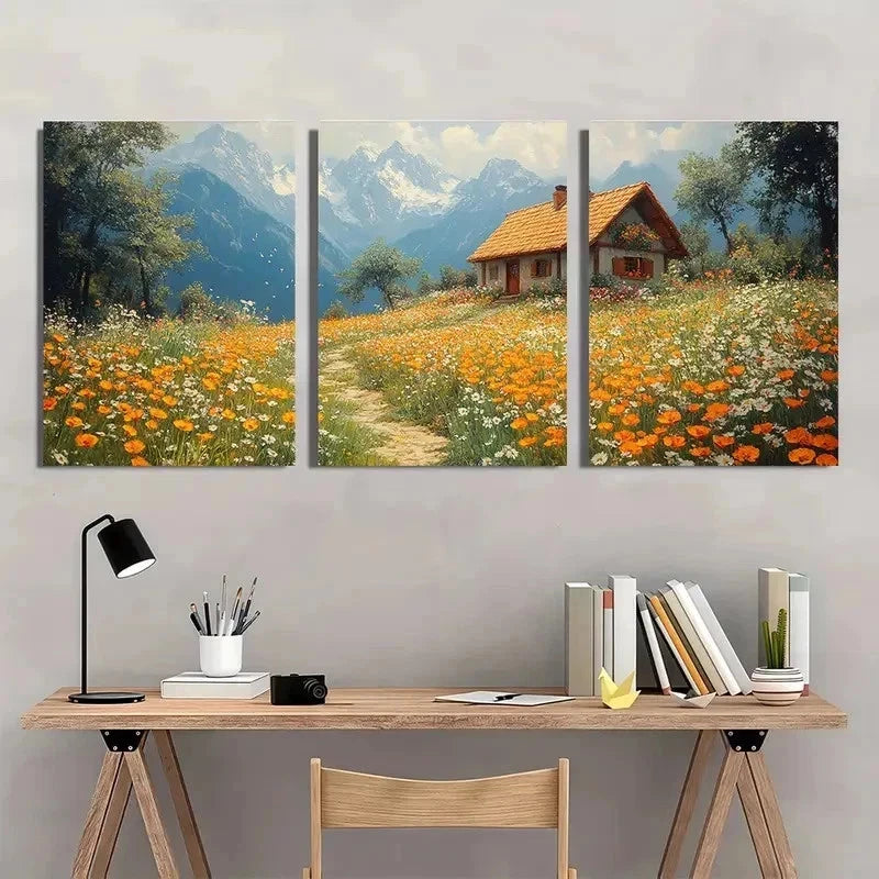 3pcs Vintage Wildflower Meadow cLandscape Perfect Wall Art Set Canvas Framed 40x60cm - High Quality Print 100% Australian Made Wall Canvas Ready to Hang