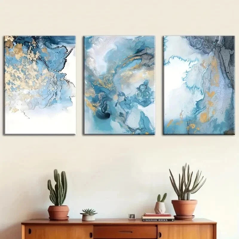 3pcs Nordic Blue & Golden Abstract Prints Wall Art Set Canvas Framed 40x60cm - High Quality Print 100% Australian Made Wall Canvas Ready to Hang