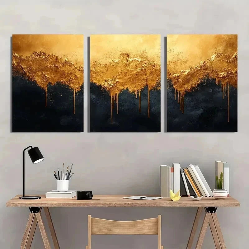 3pcs Vibrant Golden Black Design Wall Art Set Canvas Framed 40x60cm - High Quality Print 100% Australian Made Wall Canvas Ready to Hang