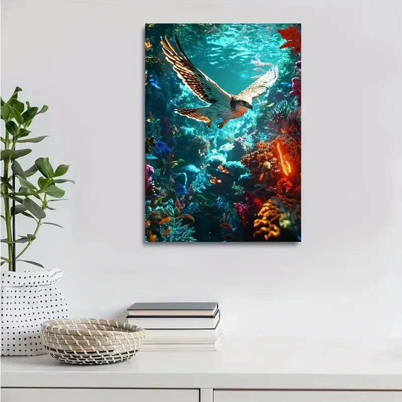 Hawk Underwater Scene with Coral Reef & Neon Painting 40x60cm Metal Print Ready to Hang