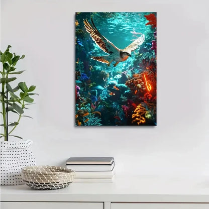Hawk Underwater Scene with Coral Reef & Neon Painting 40x60cm Metal Print Ready to Hang