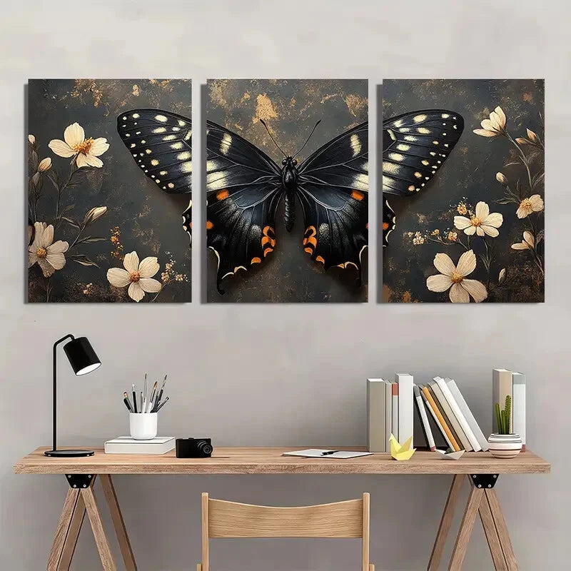 3pcs Painting Black Butterfly White Flowers Metal Print Ready to Hang Art