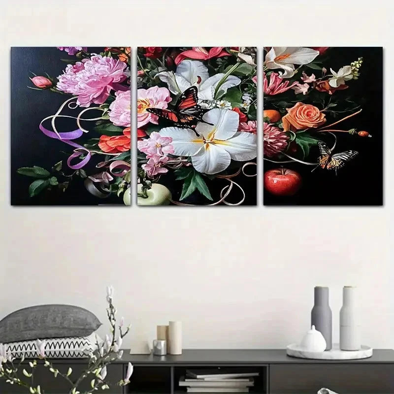 3pcs Peony Lily & Butterfly with Roses Metal Print Ready to Hang Art