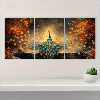 3pcs Vintage Retro Peacock Painting Metal Print Ready to Hang Art