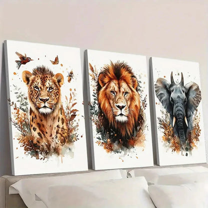3pcs Animal Lions Elephants Giraffes Paintings Wall Art Set Canvas Framed 60x90cm - High Quality Print 100% Australian Made Wall Canvas Ready to Hang