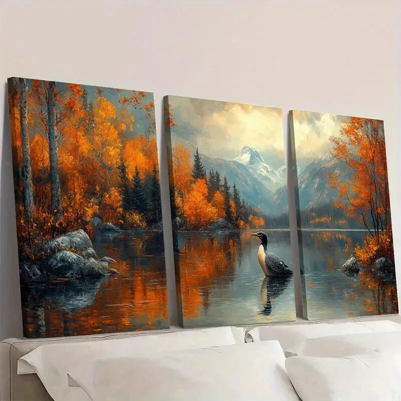 3pcs Loon Lake Landscape Painting Wall Art Set Canvas Framed 40x60cm - High Quality Print 100% Australian Made Wall Canvas Ready to Hang