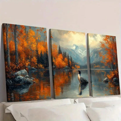 3pcs Loon Lake Landscape Painting Wall Art Set Canvas Framed 40x60cm - High Quality Print 100% Australian Made Wall Canvas Ready to Hang