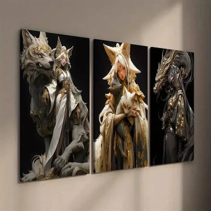 3pcs Anime Fantasy Golden Female Characters Wall Art Set Canvas Unframed - High Quality Print 100% Australian Made Wall Canvas