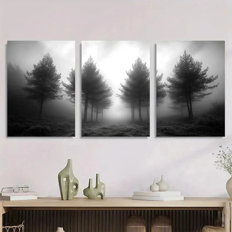 3pcs Misty Forest Trees in Foggy Metal Print Ready to Hang Art