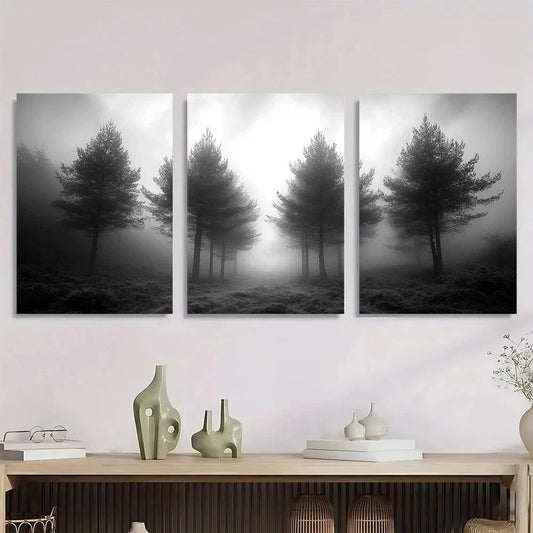3pcs Misty Forest Trees in Foggy Metal Print Ready to Hang Art