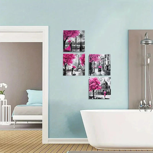 4pcs Black White And Teal Umbrella Couple Eiffel Wall Art Canvas Framed