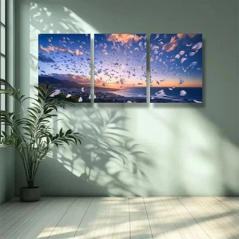 3pcs Sunset in Cape Town & White Feathers Wall Art Canvas Unframed - High Quality Print 100% Australian Made Wall Canvas