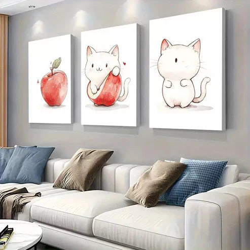 3pcs Adorable Cat and Apple Watercolor Wall Art Canvas Unframed - High Quality Print 100% Australian Made Wall Canvas