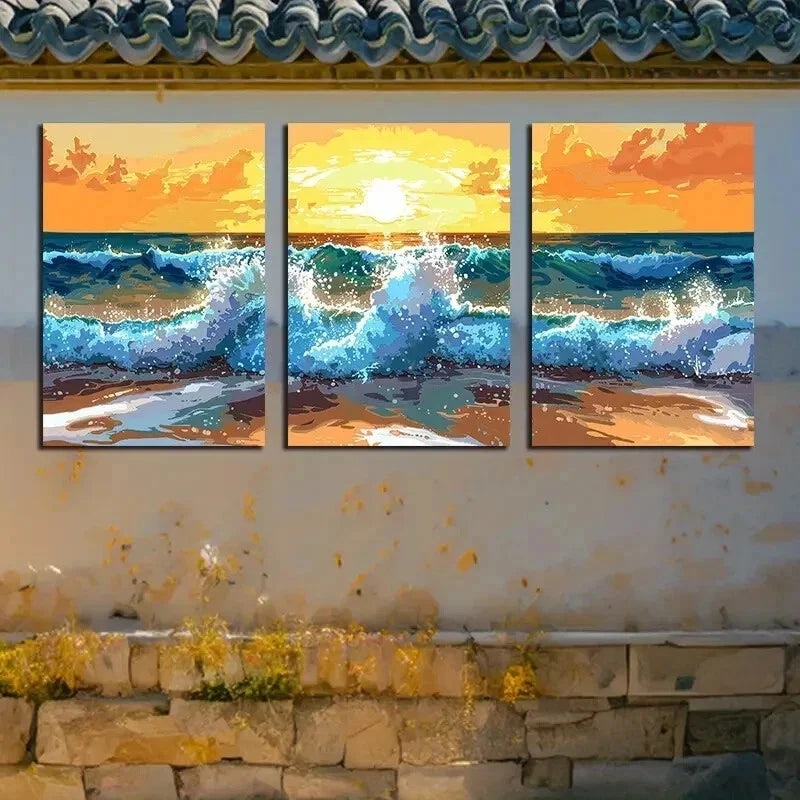 3pcs Vibrant Sea Dusk with Waves Illustration Wall Art Set Canvas Framed 50x70cm - High Quality Print 100% Australian Made Wall Canvas Ready to Hang