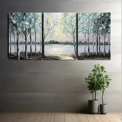 3pcs Abstract Trees with Light Blue Leaves Metal Print Ready to Hang Art