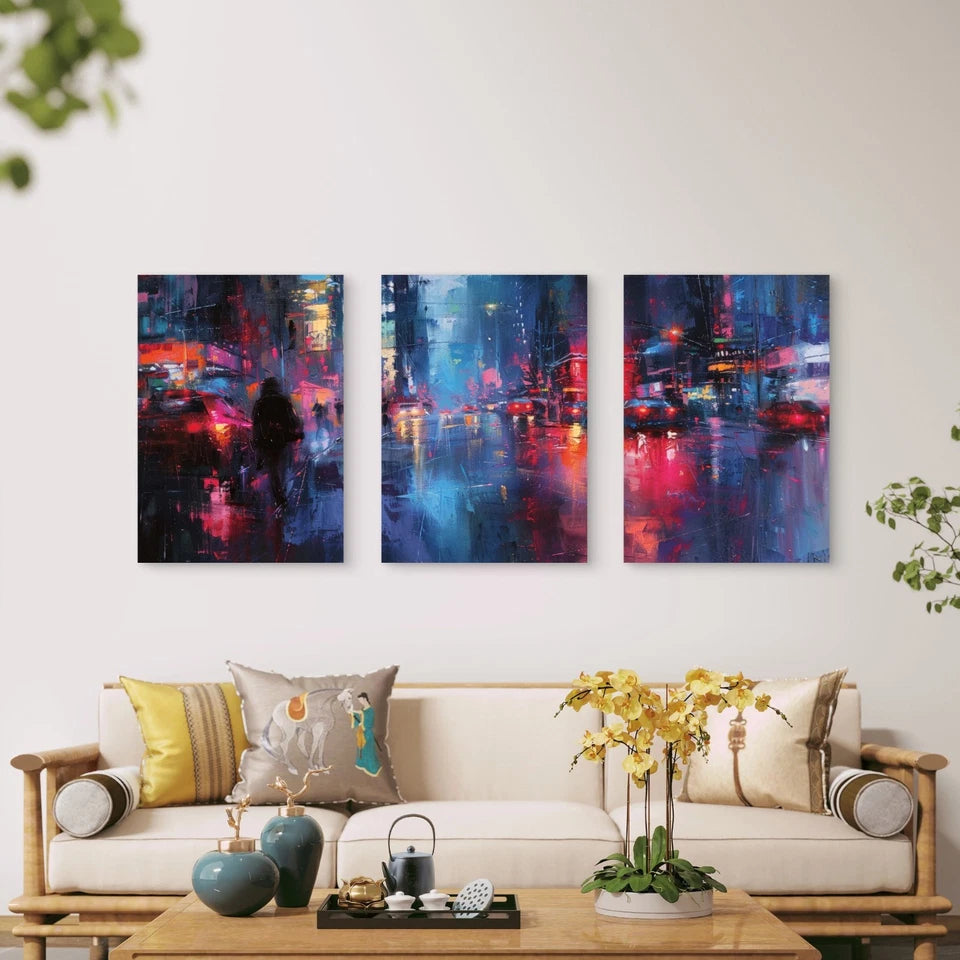 3pcs Neon Lights Reflection On Wet Streets Wall Art Set Canvas Framed 40x60cm - High Quality Print 100% Australian Made Wall Canvas Ready to Hang