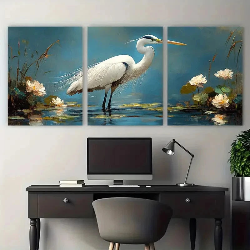 3pcs White Heron Egret Impasto Perfect Wall Art Set Canvas Framed 40x60cm - High Quality Print 100% Australian Made Wall Canvas Ready to Hang
