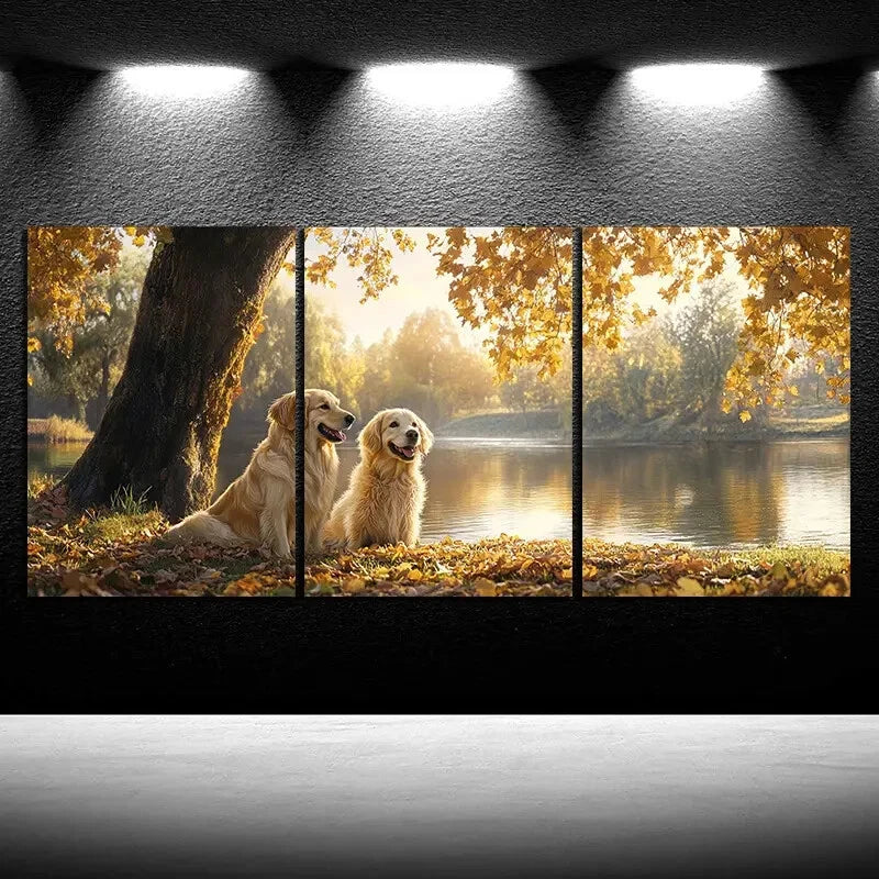 3pcs Featuring Dogs by a Forest Lake Metal Print Ready to Hang Art
