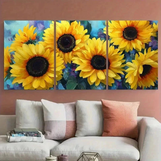 3pcs Vibrant Yellow Sunflowers Blue Perfect Wall Art Canvas Framed 60x90cm