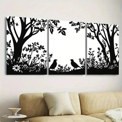 3pcs Forest Birds & Flowers Silhouette Wall Art Set Canvas Framed 60x90cm - High Quality Print 100% Australian Made Wall Canvas Ready to Hang