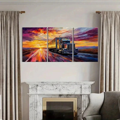 3pcs Retro Truck On Highway at Sunset Wall Art Set Canvas Framed 40x60cm - High Quality Print 100% Australian Made Wall Canvas Ready to Hang