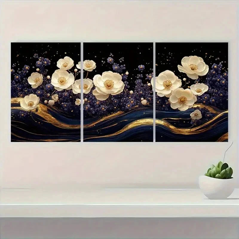 3pcs Elegant Floral White Jasmine & Blue Metal Print Ready to Hang Art