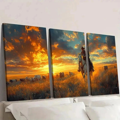 3pcs Vibrant Sunset Prairie Scene with a Cowboy Wall Art Set Canvas Framed 40x60cm - High Quality Print 100% Australian Made Wall Canvas Ready to Hang