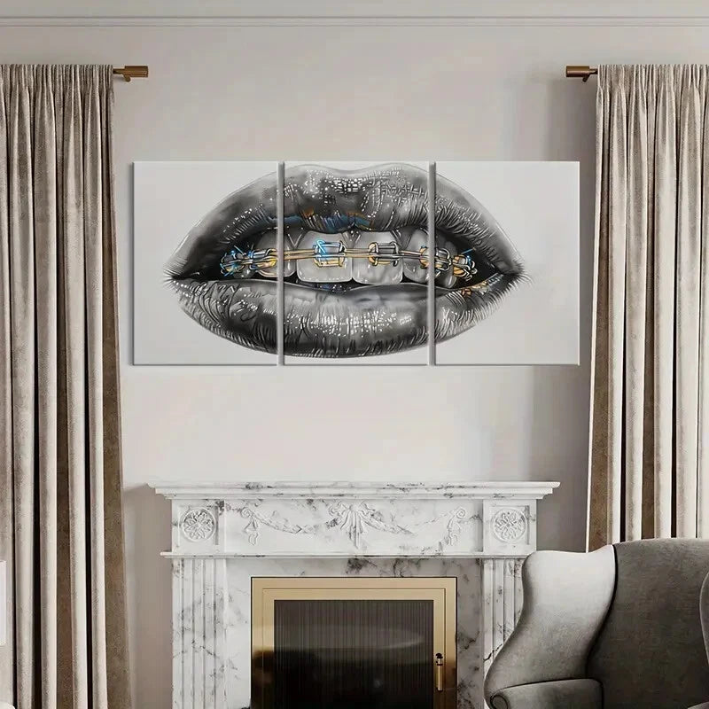 3pcs Futuristic Lip & Teeth Design with Metallic Metal Print Ready to Hang Art