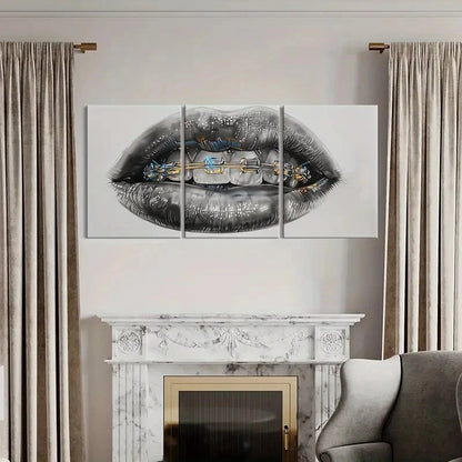 3pcs Futuristic Lip & Teeth Design with Metallic Metal Print Ready to Hang Art