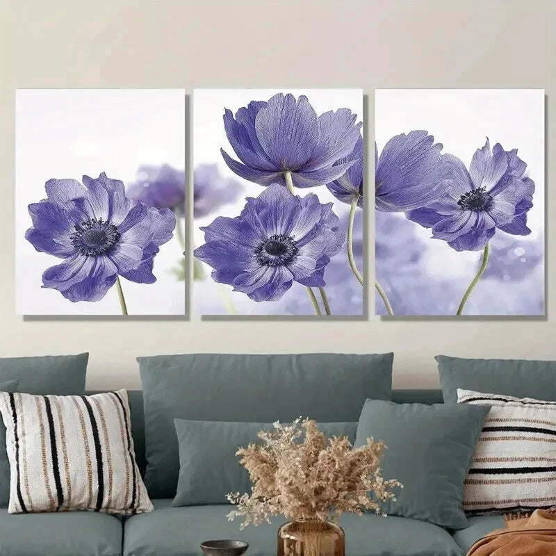 3pcs Purple Flower Classic Floral Painting Wall Art Set Canvas Framed 50x70cm - High Quality Print 100% Australian Made Wall Canvas Ready to Hang