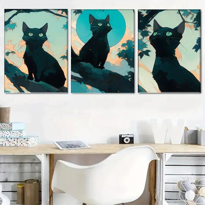 3pcs Fantasy Cat Shadow Moonlight Treetop Metal Print Ready to Hang Art
