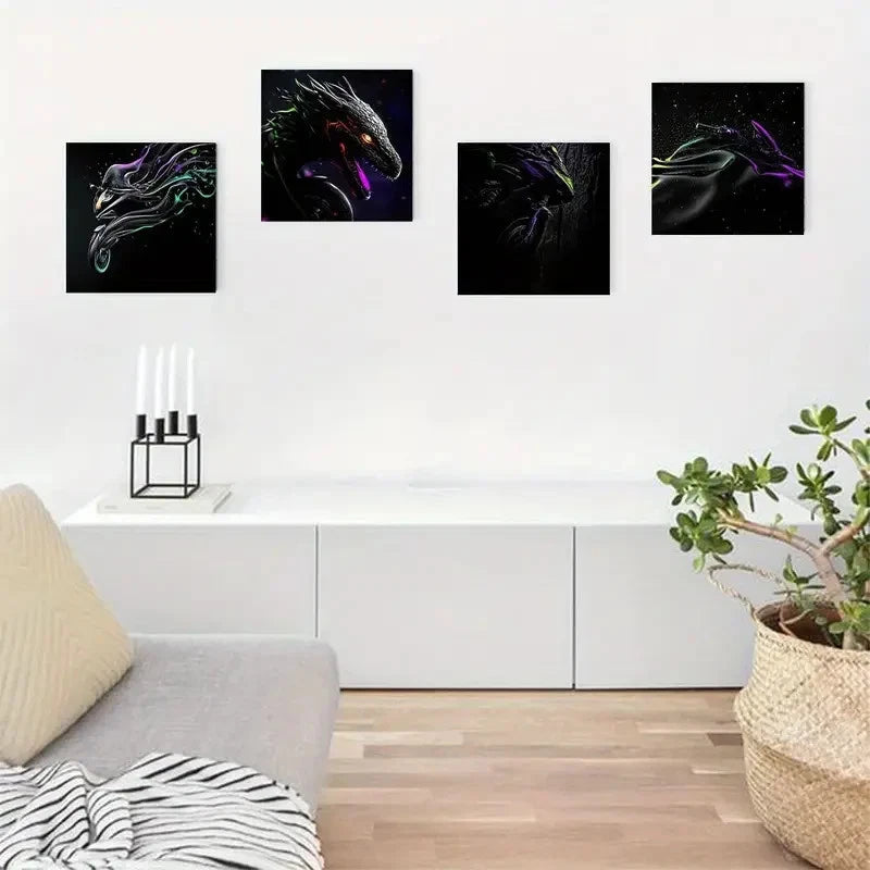 4pcs Neon-Lit Designs With Starry Night Wall Art Canvas Framed