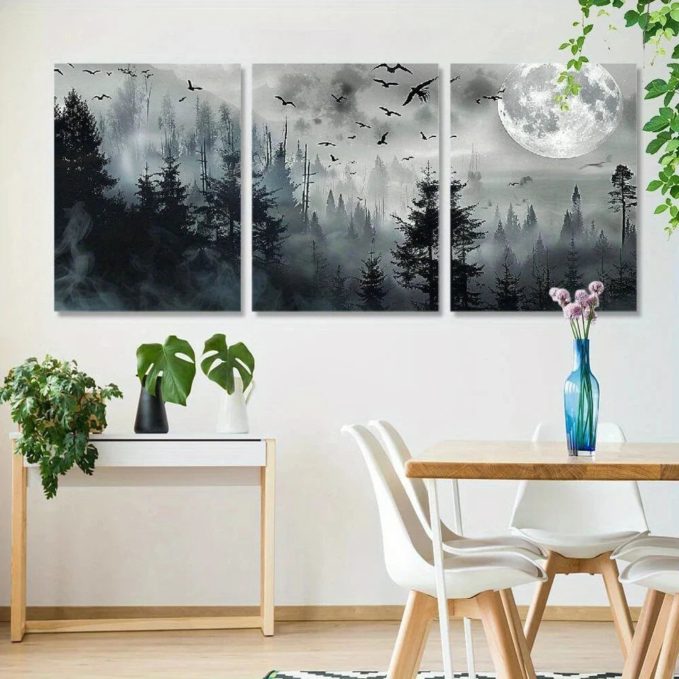 3pcs Classic Style Moonlit Forest and Birds Metal Print Ready to Hang Art