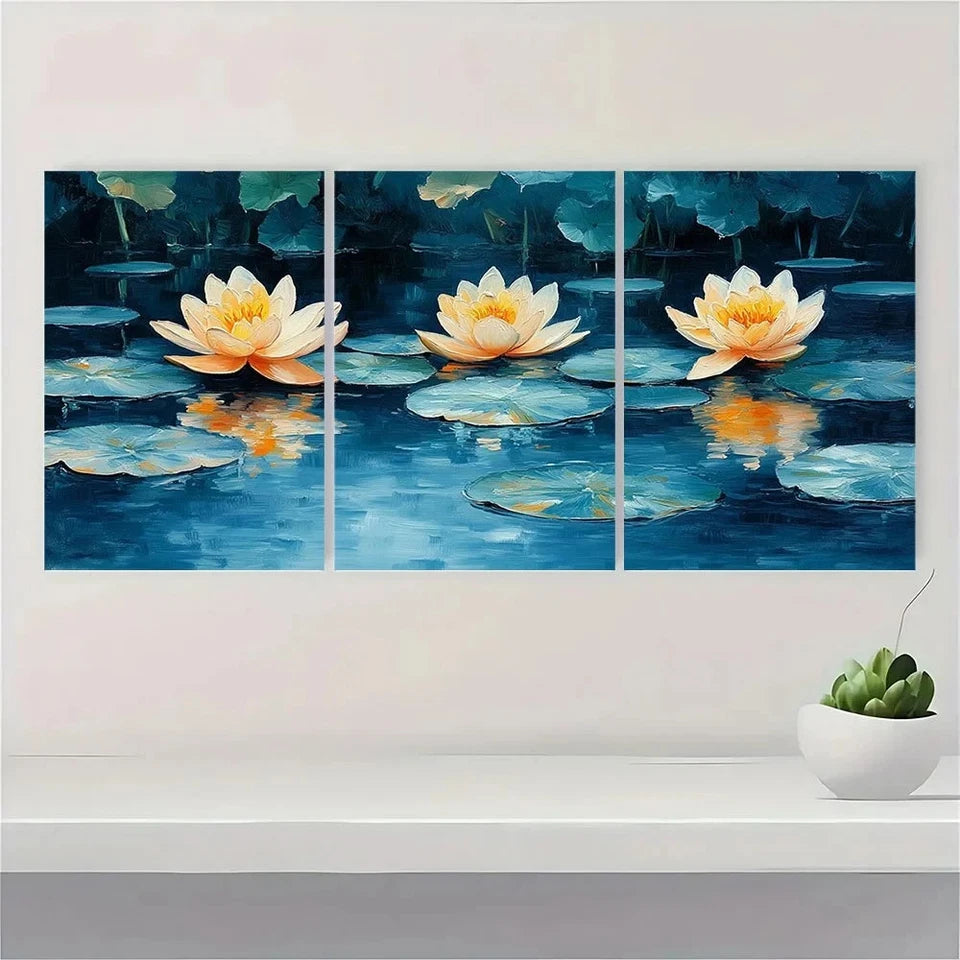 3pcs Vibrant Retro Water Lilies Metal Print Ready to Hang Art