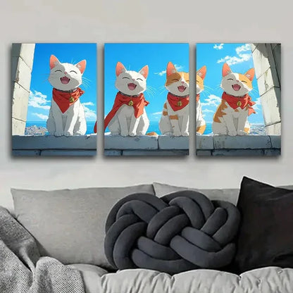 3pcs Charming White Cat Cute Blue Sky Perfect Wall Art Set Canvas Unframed - High Quality Print 100% Australian Made Wall Canvas
