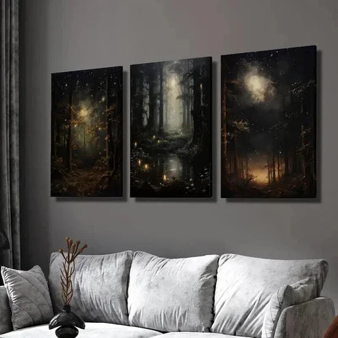 3pcs Gothic Night Sky & Mysterious Woodland Wall Art Set Canvas Unframed - High Quality Print 100% Australian Made Wall Canvas