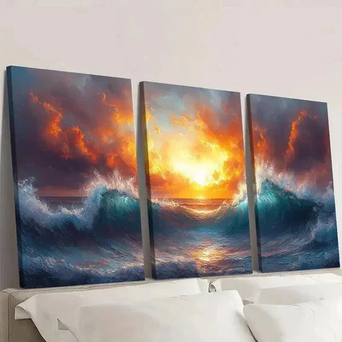 3pcs Depiction Of Ocean Waves luminated By Sun Wall Art Canvas Unframed - High Quality Print 100% Australian Made Wall Canvas