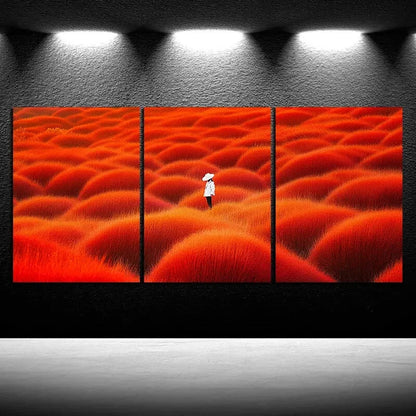 3pcs Person Wearing Hat Red Field Metal Print Ready to Hang Art