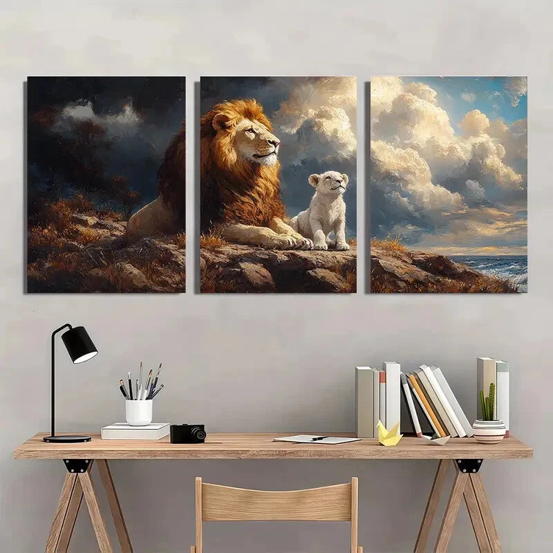3pcs Lamb and The Lion White Clouds Metal Print Ready to Hang Art