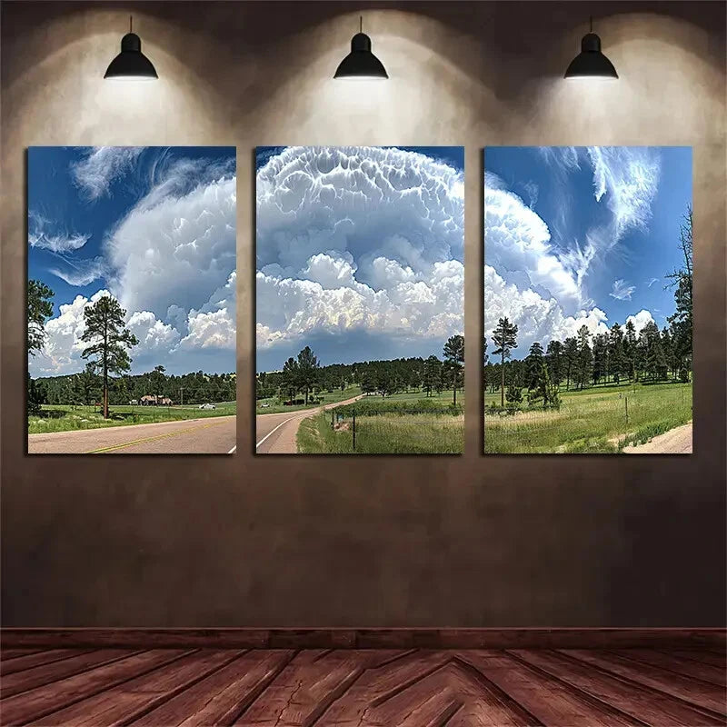 3pcs Oversized Cloud Green Trees Metal Print Ready to Hang Art