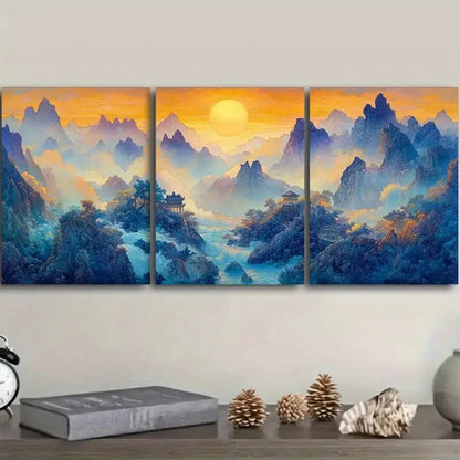 3pcs Vibrant Blue & Golden Sky Sunrise Metal Print Ready to Hang Art