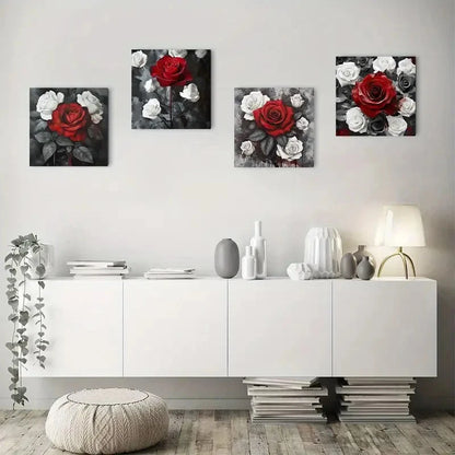 4pcsWhite And Black Red Rose Wall Art Canvas Framed