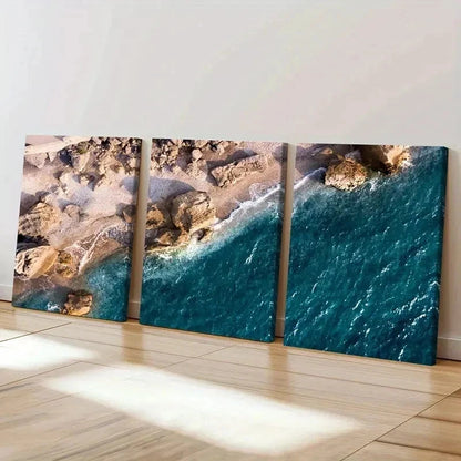 3pcs Sea Waves Coastline Rocks Decor Wall Art Set Canvas Framed 40x60cm - High Quality Print 100% Australian Made Wall Canvas Ready to Hang